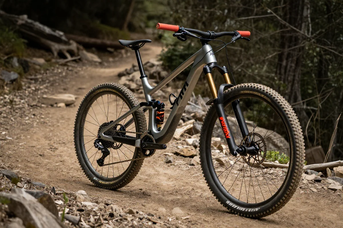 Fotografia górskiego roweru cross country na leśnej ścieżce.