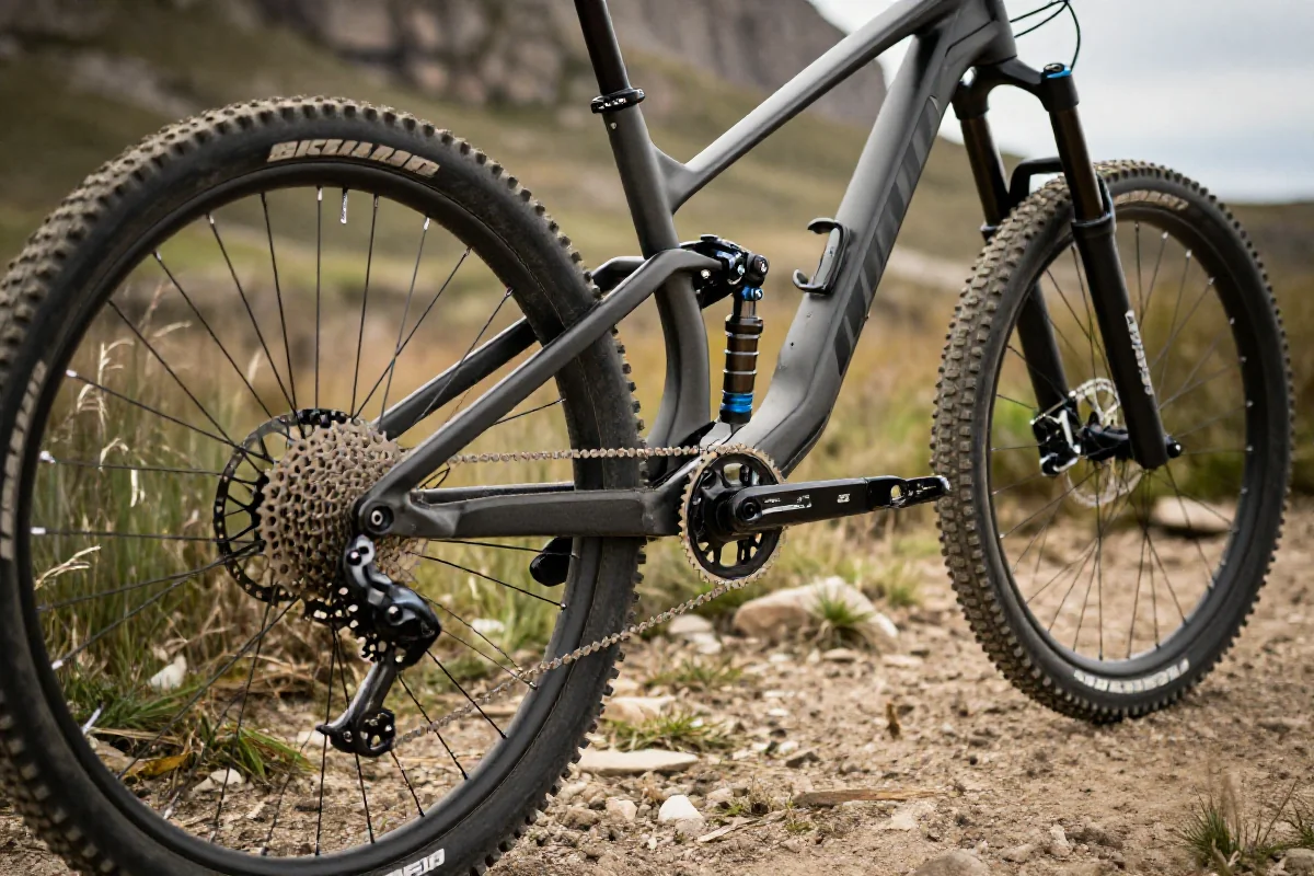 Rower górski na terenie off-road, z widocznymi detalami technicznymi.