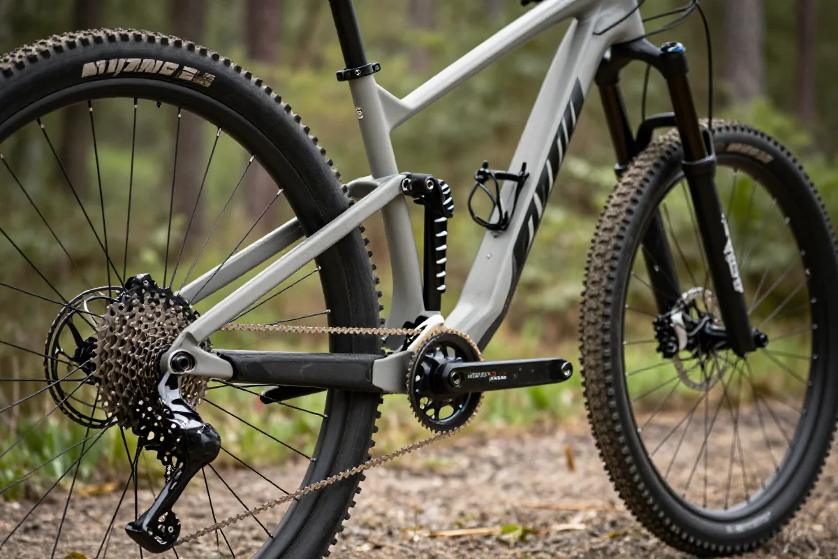 Rama roweru górskiego w plenerze, idealna do cross-trainingu.