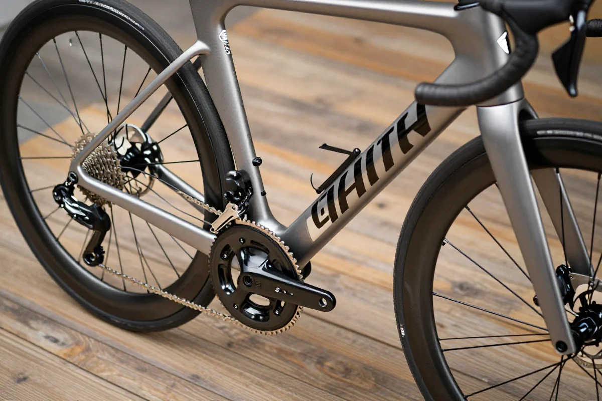 Rama roweru szosowego z detalami mechanizmów i oponami, trening komplementarny.