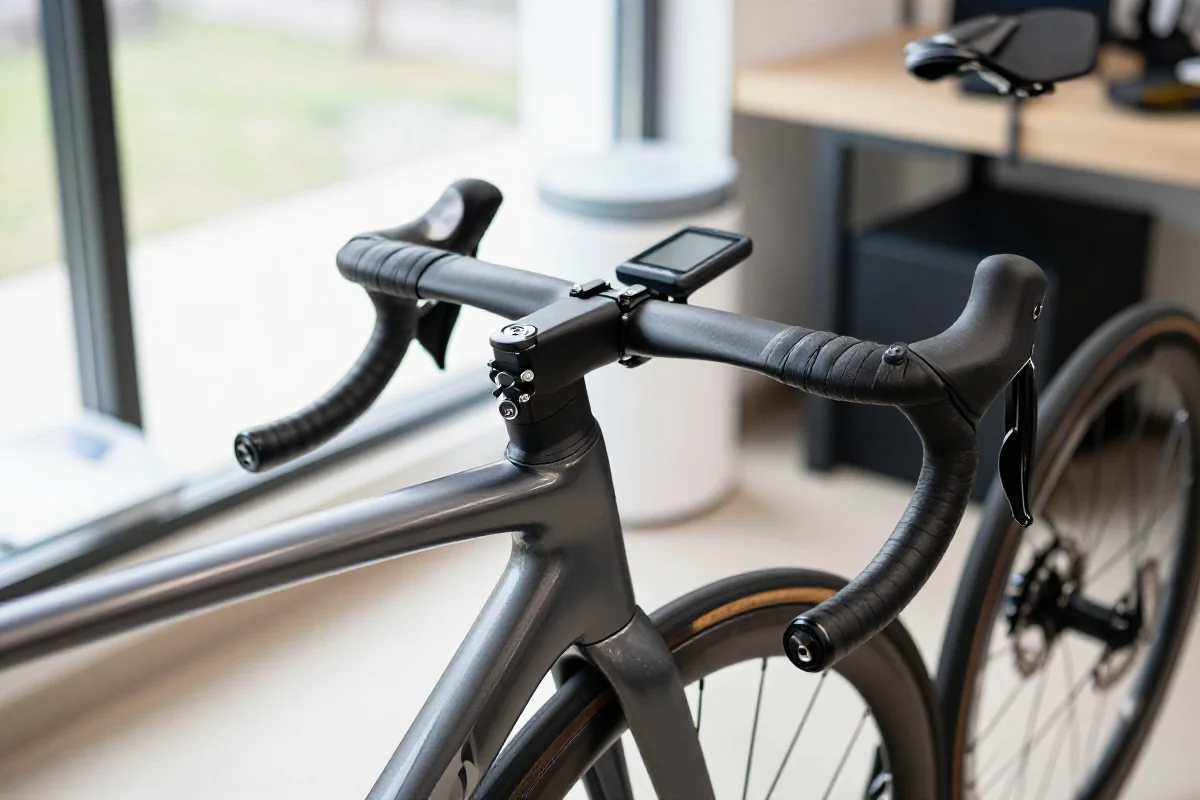 Zbliżenie na kierownicę roweru szosowego z komputerem rowerowym.