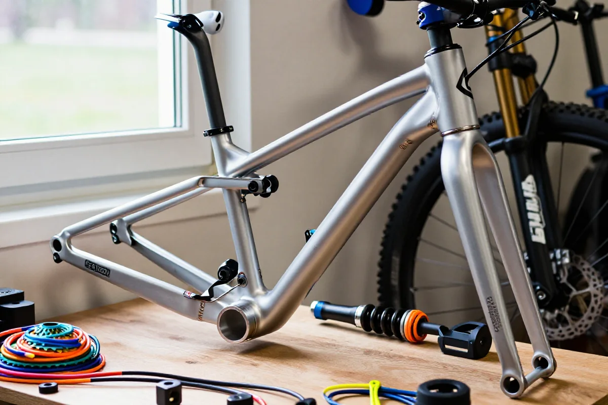 Custom rower górski w warsztacie z detalami komponentów i ramy.