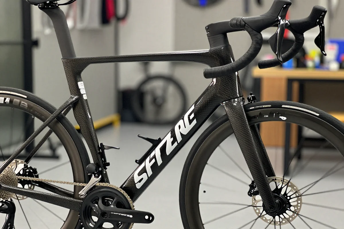 Szczegółowy widok na ramę roweru szosowego na zamówienie z włókna węglowego