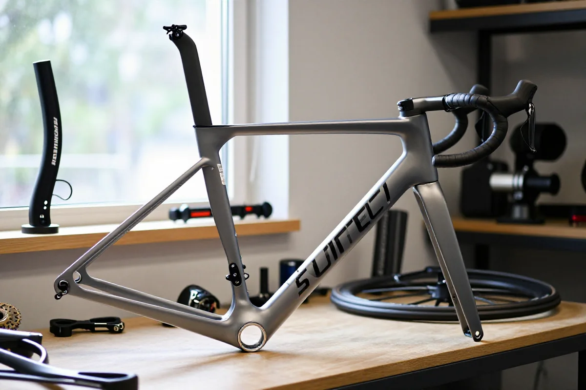 Zbliżenie na niestandardową ramę roweru szosowego w warsztacie rowerowym.