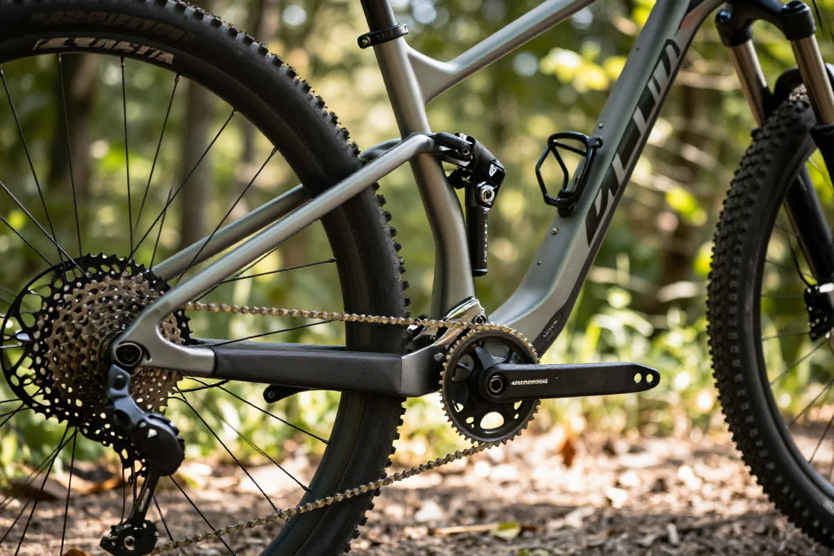 Szczegółowy widok na ramę roweru górskiego i komponenty w naturalnym otoczeniu.