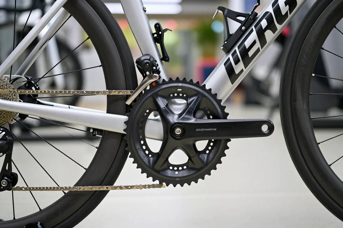 Miernik mocy na korbie roweru szosowego, kluczowy element w kolarstwie.