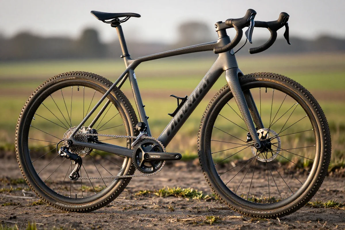 Rower cyclocross z szerokimi oponami na błotnistej trasie treningowej.