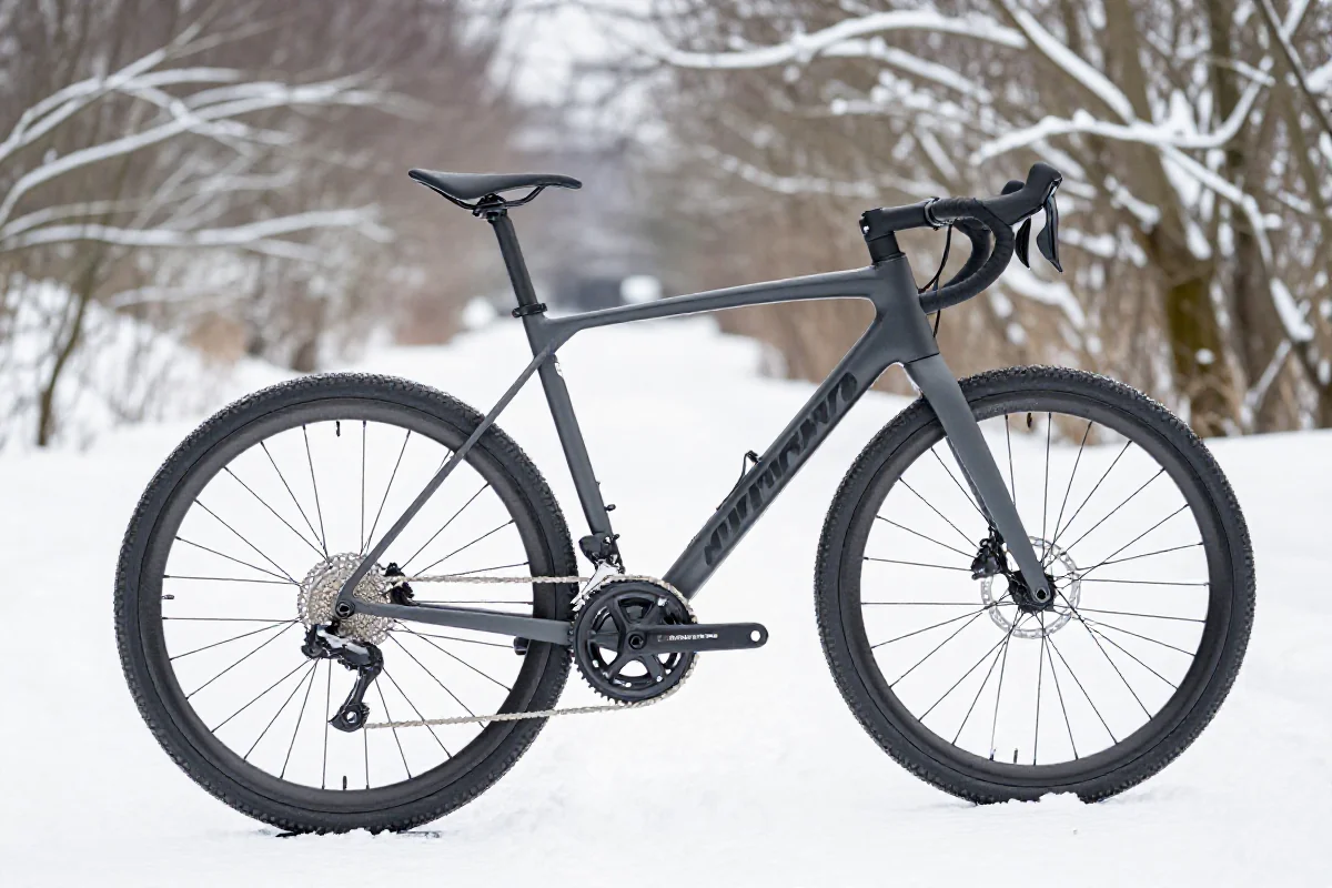 Rower przełajowy w zimowym krajobrazie, idealny do treningów w trudnych warunkach.