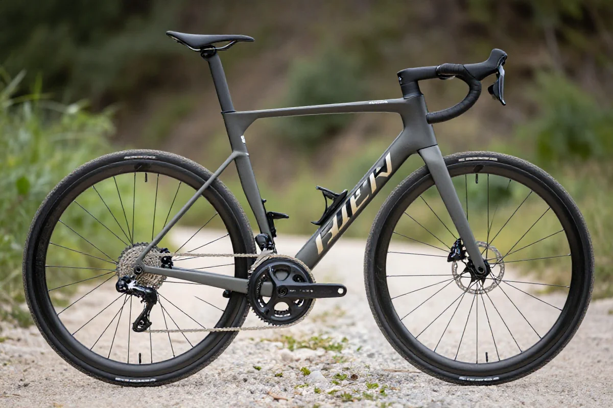 Rower cyclocross na tle naturalnym, z widocznymi detalami konstrukcyjnymi.