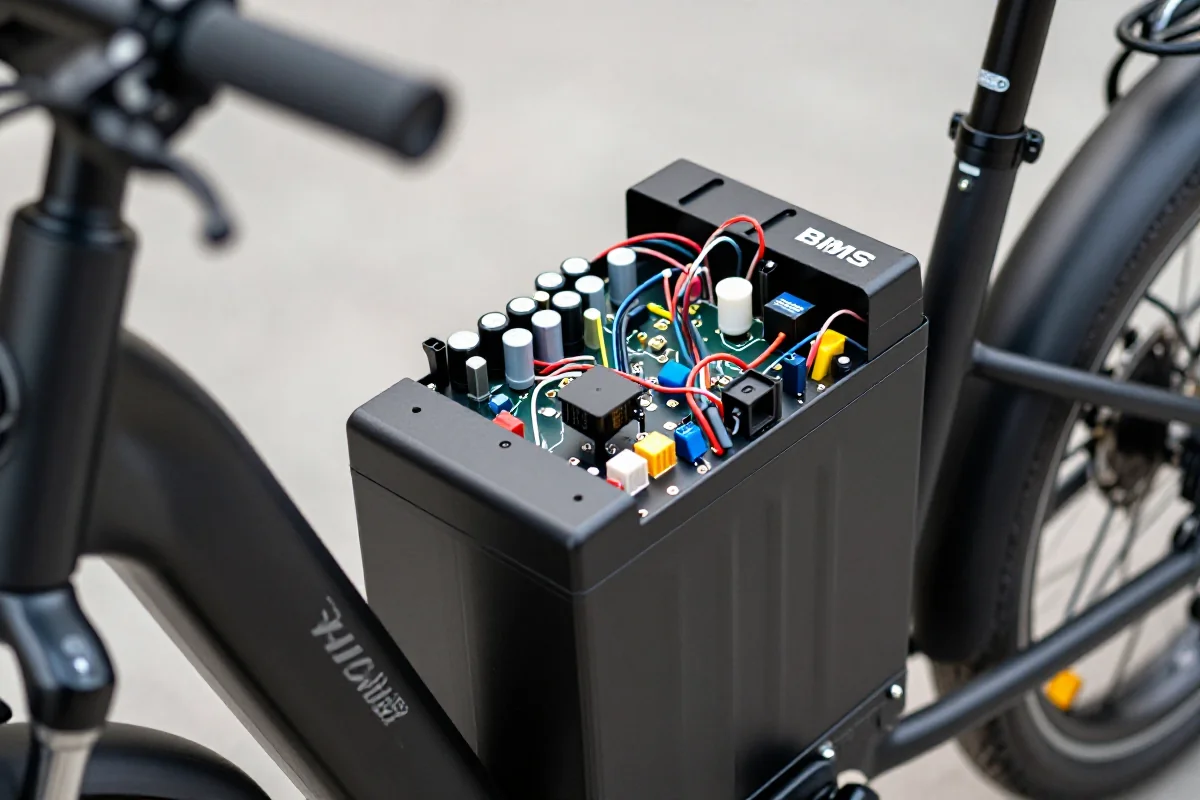 Szczegółowy widok systemu zarządzania bateriami w rowerze elektrycznym.
