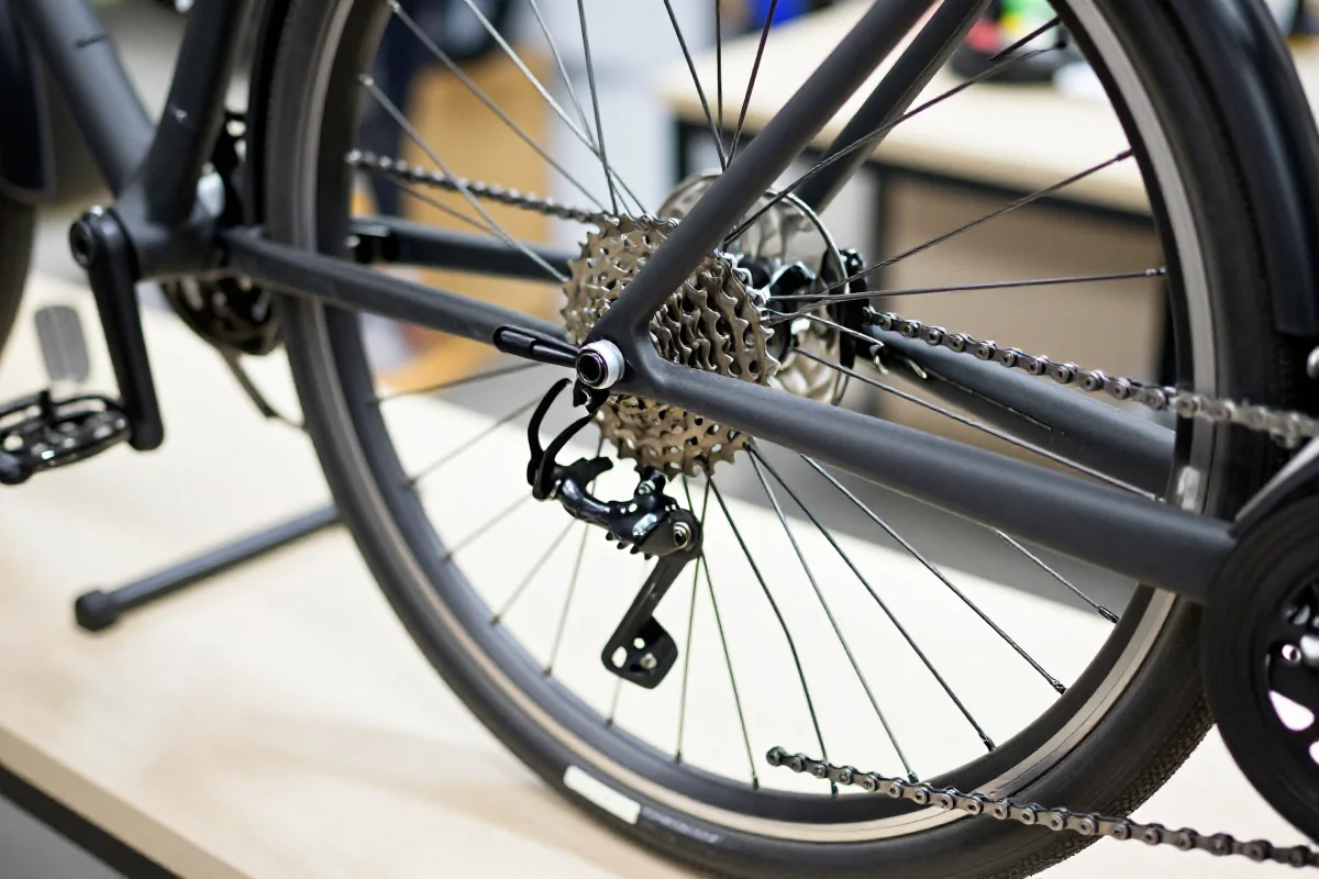 Szczegółowy widok łańcucha i zębatek roweru miejskiego, podkreślający smarowanie.