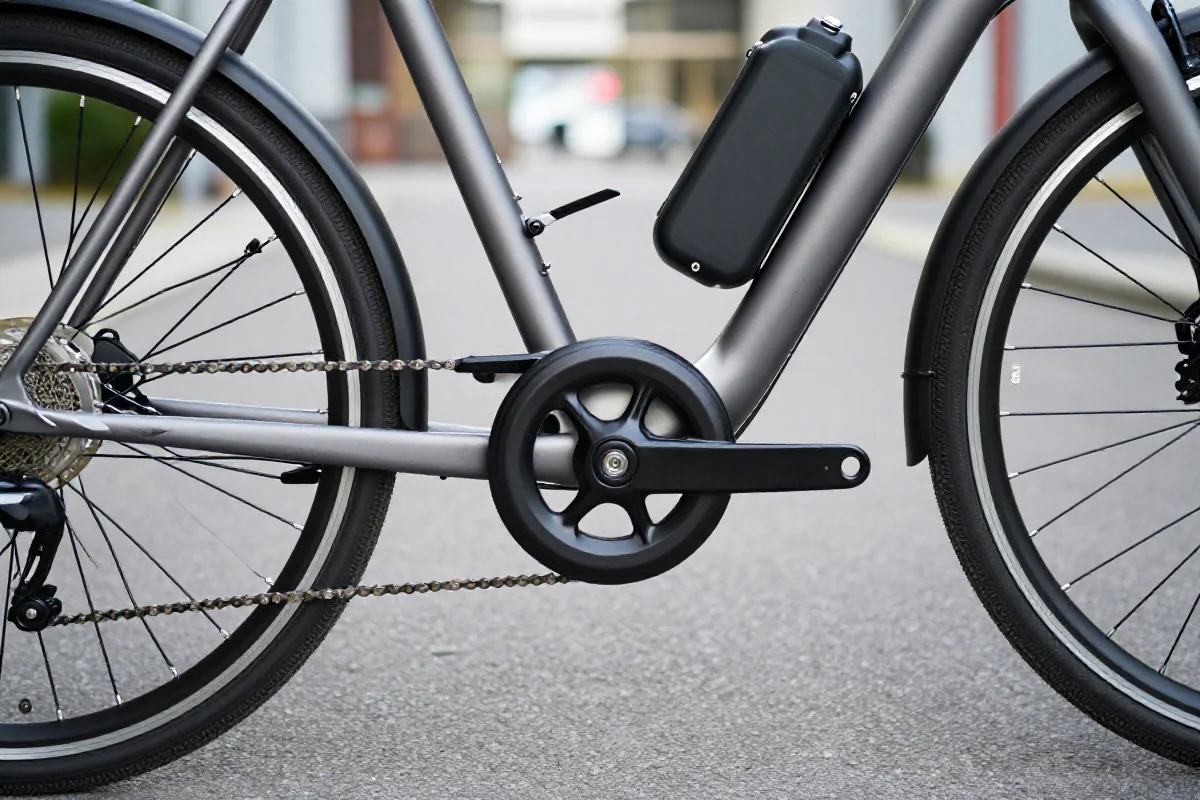 Zbliżenie na elektryczny rower, ukazujące detale konstrukcyjne i bezpieczeństwa.