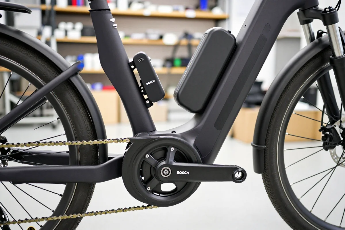 Zbliżenie na system napędowy Bosch w rowerze elektrycznym.