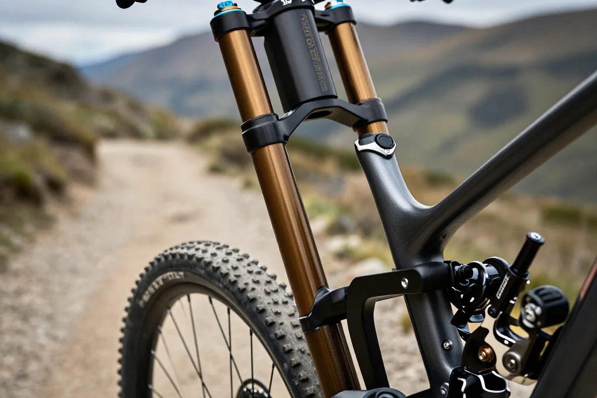 Skrzynka amortyzatora roweru górskiego na tle górskiej ścieżki.