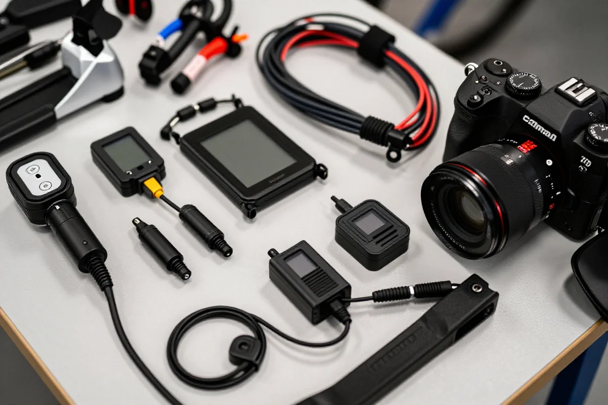 Różne części elektryczne rowerów elektrycznych na warsztatowym stole.