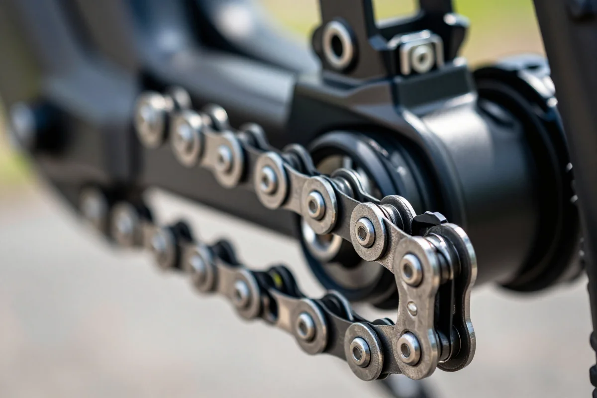 Wzmocniony łańcuch rowerowy do e-bike, podkreślający trwałość i jakość wykonania.
