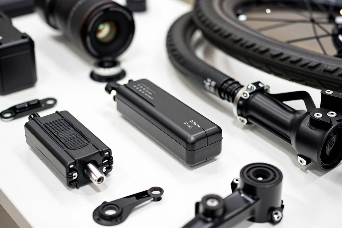 Części zamienne do rowerów elektrycznych na białym tle.