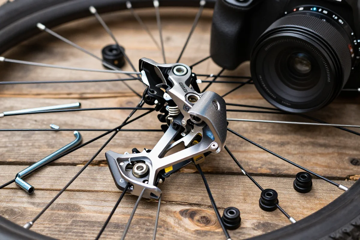 Zestaw części zapasowych do roweru górskiego, w tym wieszak przerzutki i szprychy.