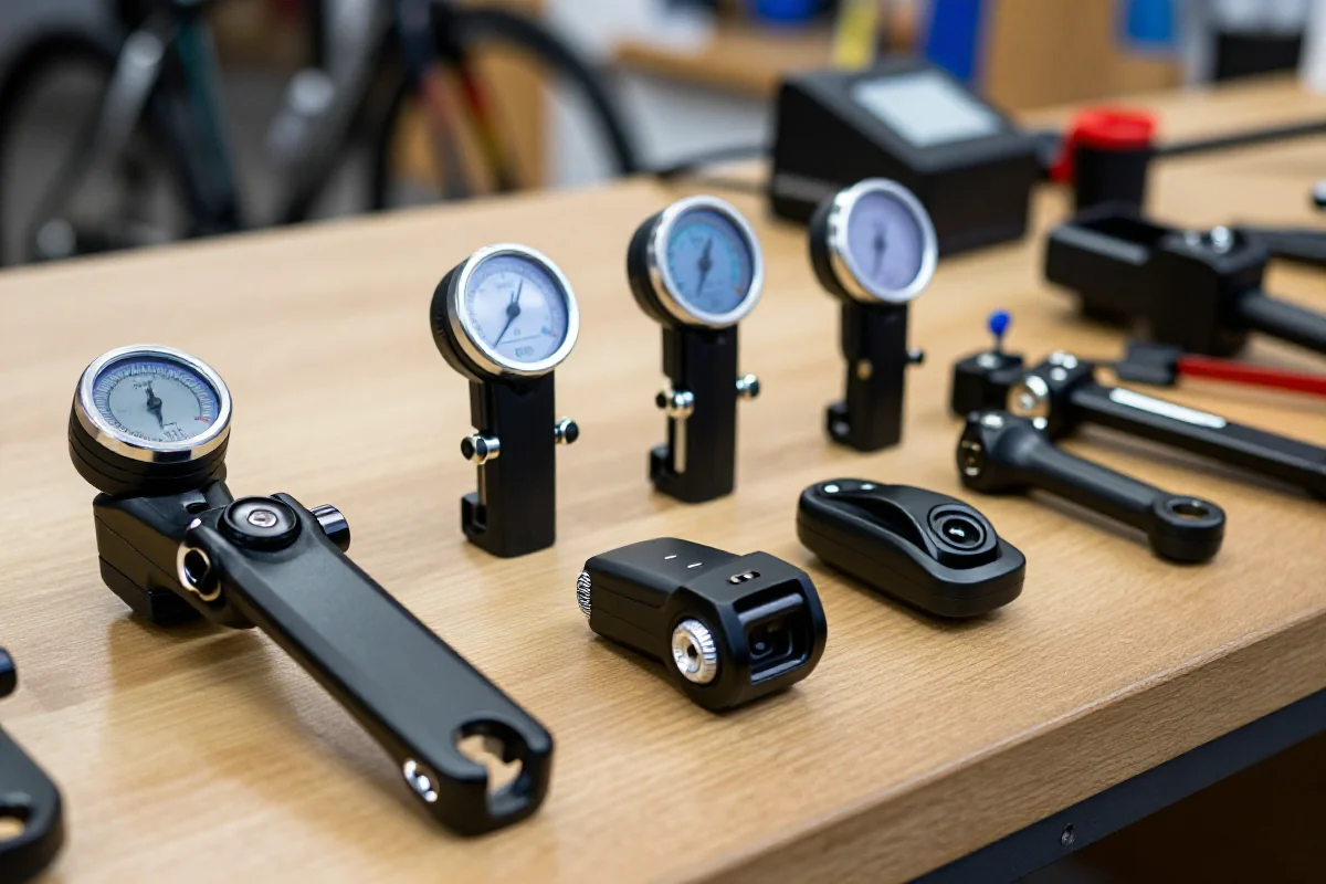 Czujniki mocy rowerowych w warsztacie, różne typy akcesoriów do treningu kolarskiego.