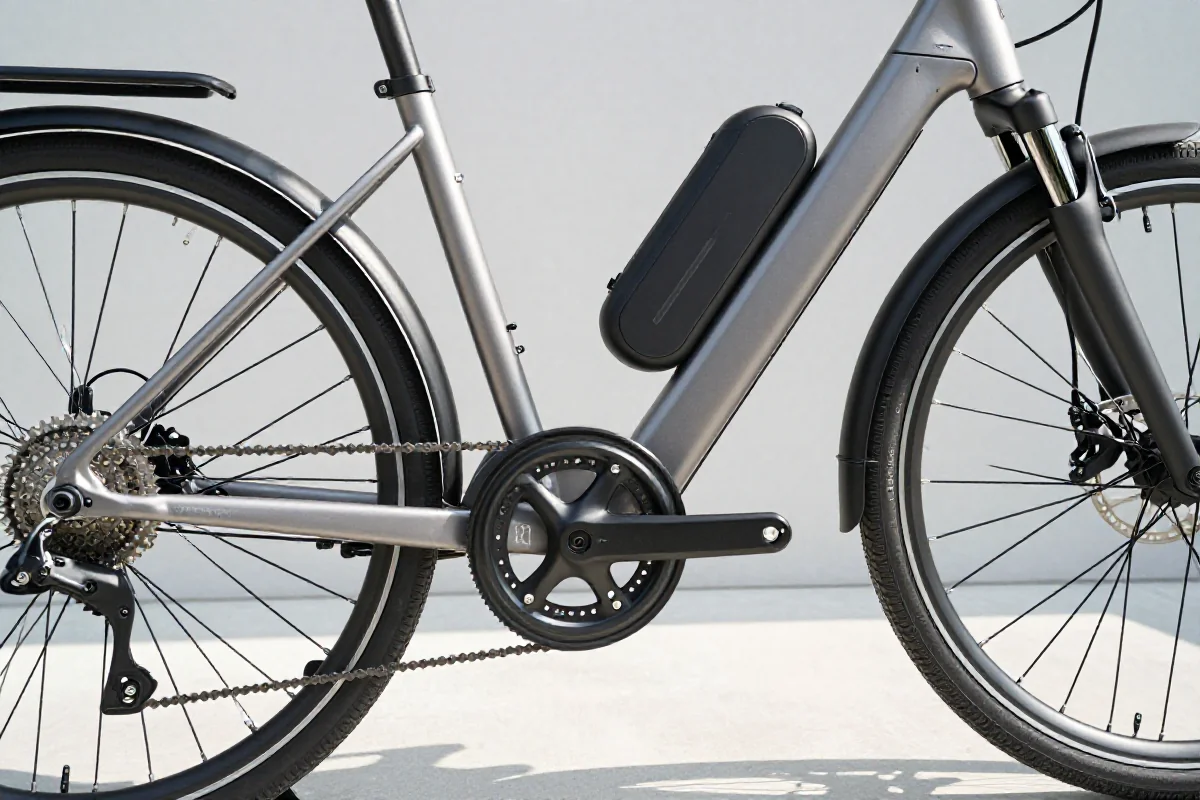Nowoczesny rower elektryczny z widocznymi komponentami i akcesoriami zabezpieczającymi