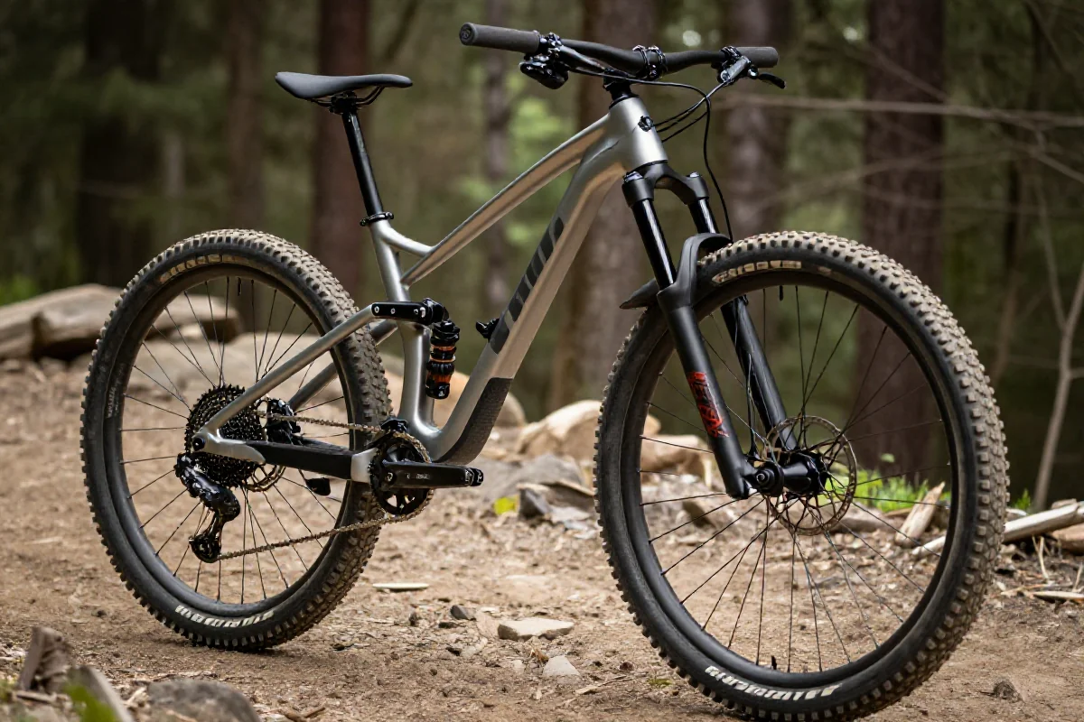 Nowoczesny rower górski hardtail na szlaku, idealny do jazdy trailowej.