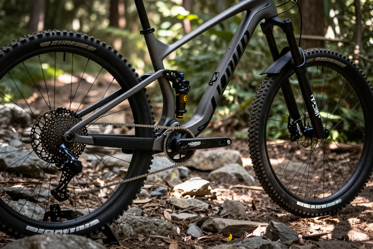 Zbliżenie na rower górski z zaawansowanymi komponentami na leśnej ścieżce.