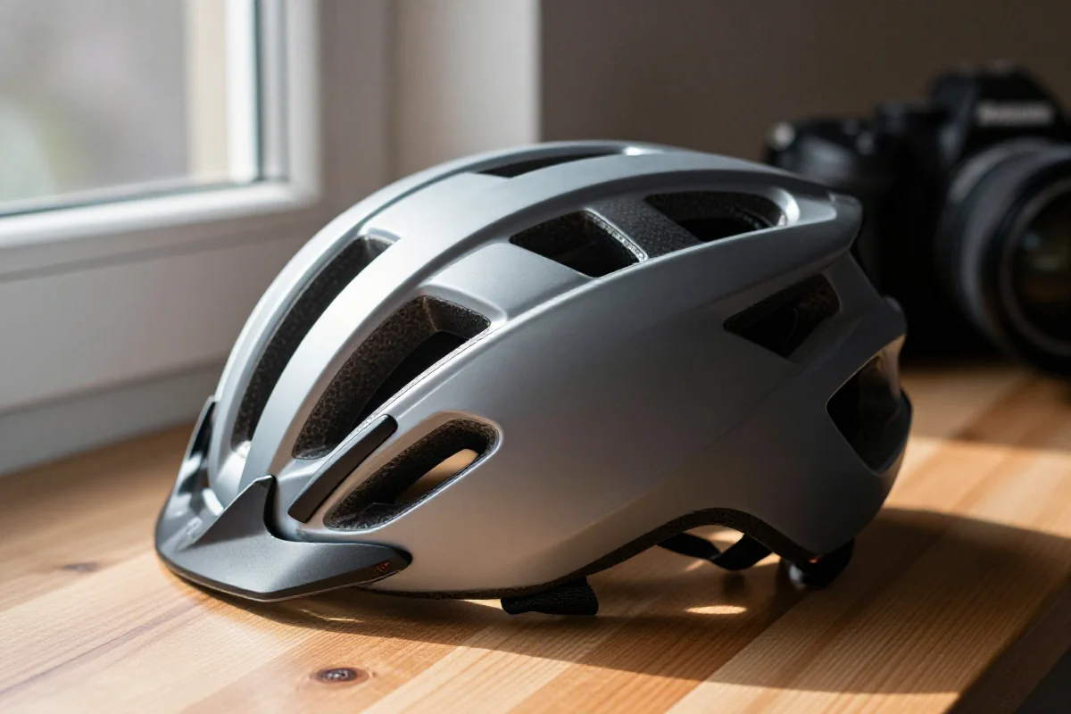 Kask rowerowy z systemem MIPS na drewnianej powierzchni, ukazujący detale ochronne.