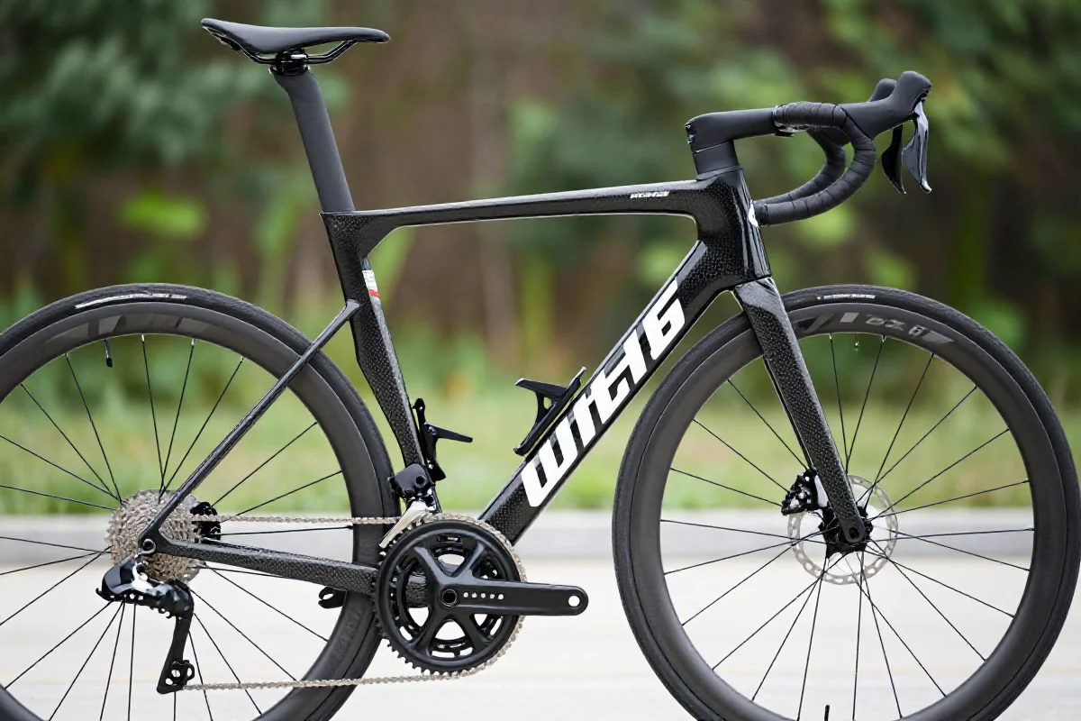 Szczegółowy widok na ramę roweru szosowego z włókna węglowego.