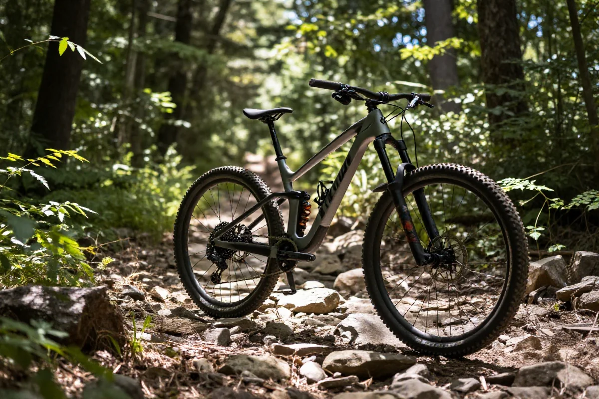 Rower górski na leśnej ścieżce w Polsce, zieleń i naturalne światło.