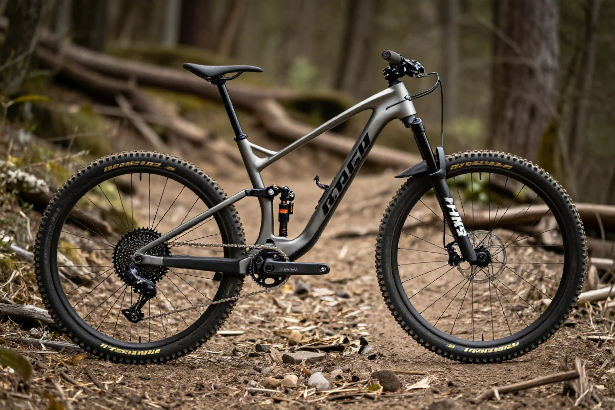 Nowoczesny rower górski XC na szlaku, z lekką ramą i dużymi kołami.