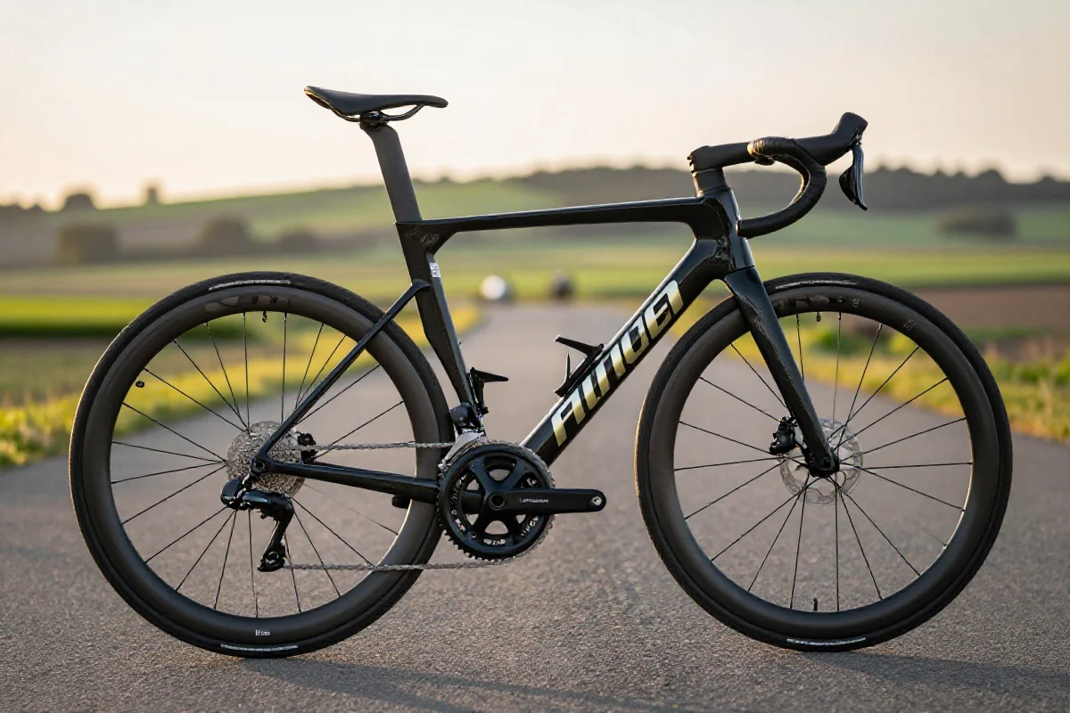 Wysokiej jakości rower szosowy z ramą karbonową na asfalcie w pięknym otoczeniu.