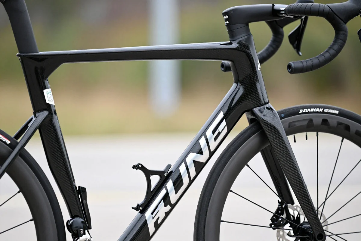 Fotografia bliska nowoczesnego roweru szosowego z zaawansowaną geometrią ramy.