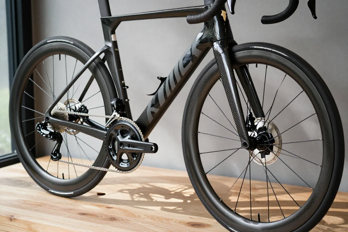 Szczegółowy widok na wysokiej klasy ramę roweru szosowego z włókna węglowego.