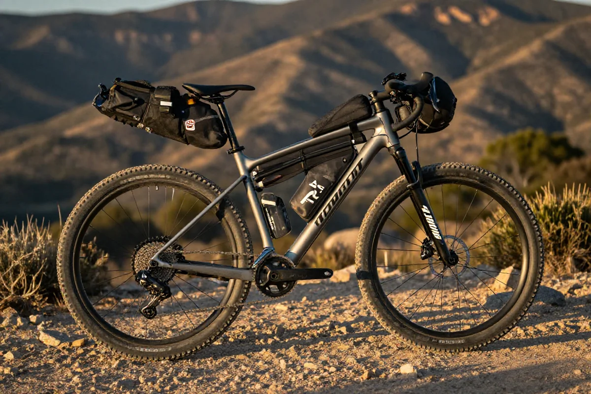 Rower górski z torbami bikepackingowymi na tle górskiego krajobrazu.