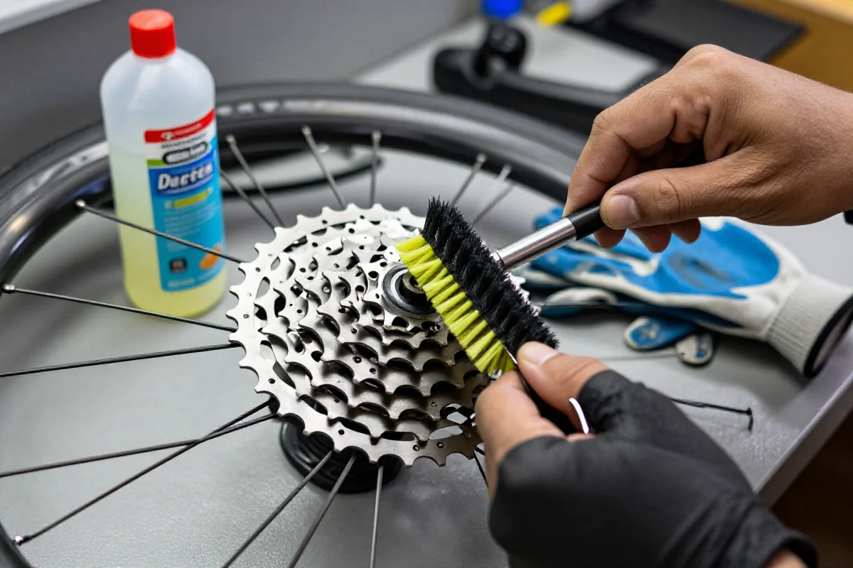 Czyszczenie kasety rowerowej na warsztacie z użyciem odtłuszczacza.