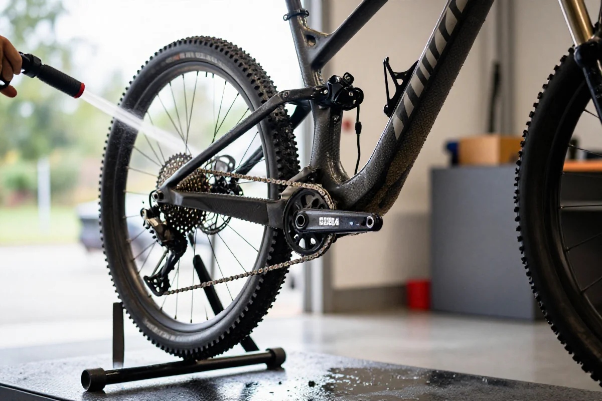 Czyszczenie roweru górskiego w garażu, z widocznym napędem i błotem.