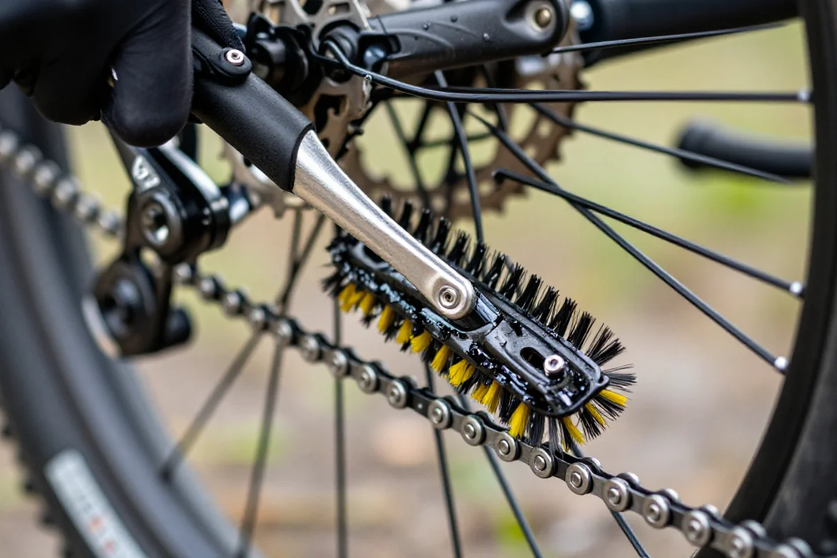 Czyszczenie łańcucha roweru górskiego przy pomocy szczotki i odtłuszczacza.