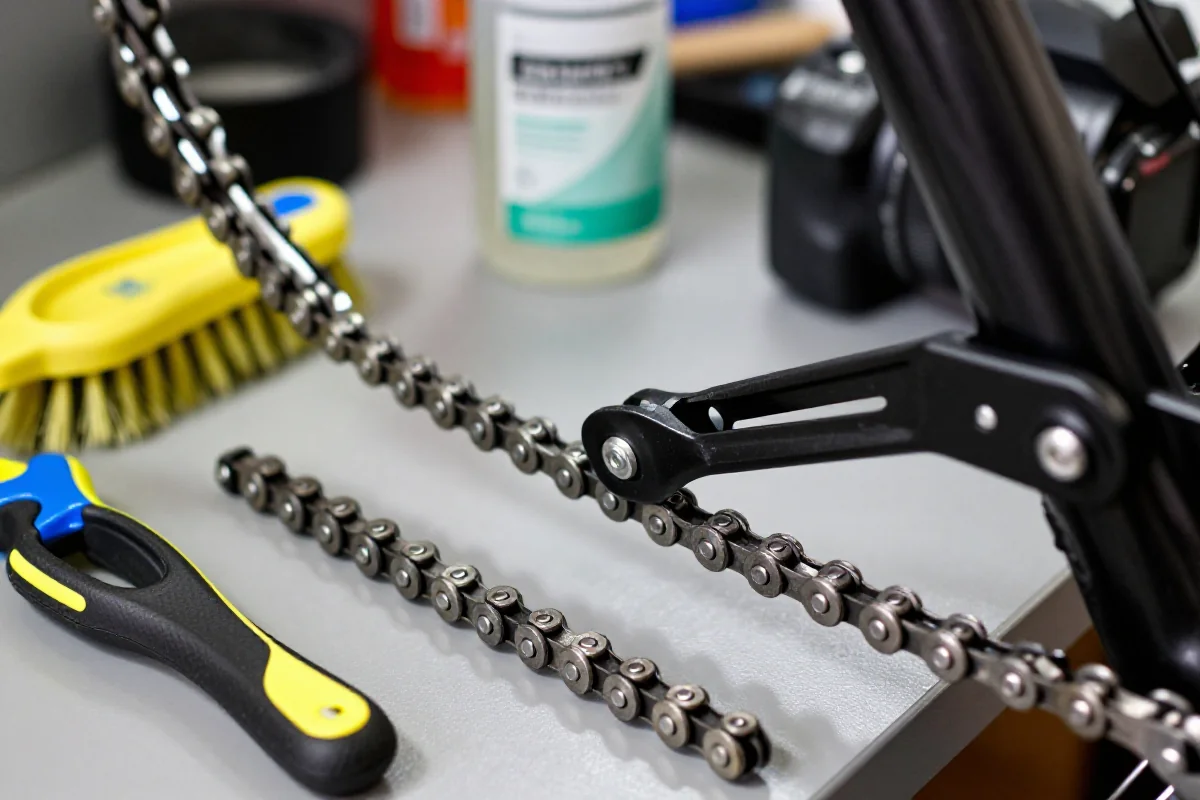 Czyszczenie łańcucha rowerowego na stole roboczym, ukazujące szczegóły i narzędzia.