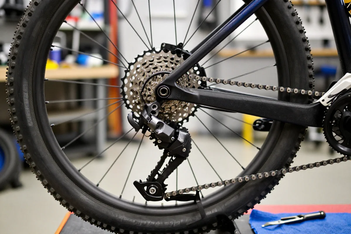 Czyszczenie napędu roweru górskiego na stojaku serwisowym.