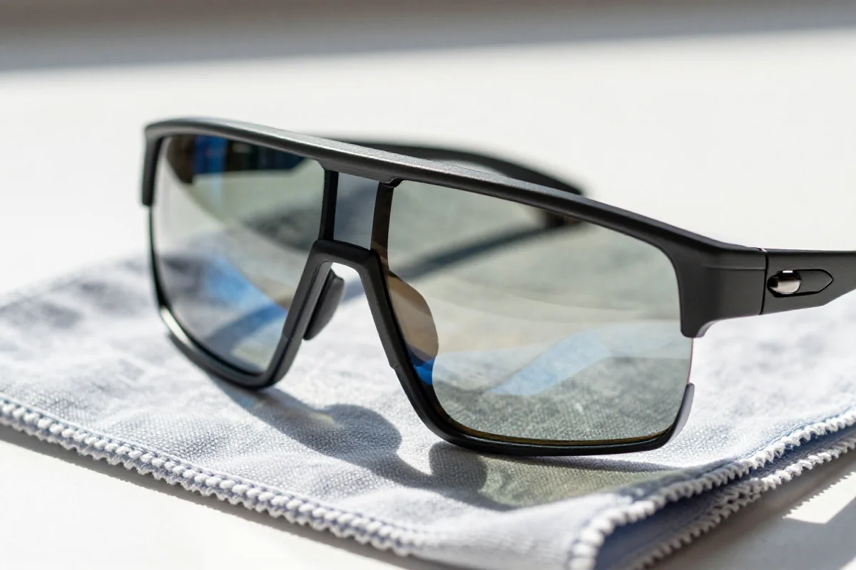 Okulary sportowe na ściereczce z mikrofibry, idealne do czyszczenia.