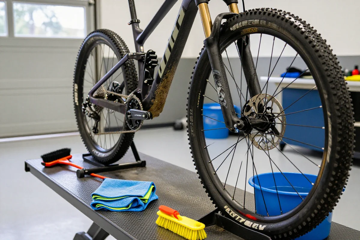 Czyszczenie roweru górskiego po jeździe w deszczu, narzędzia do konserwacji.
