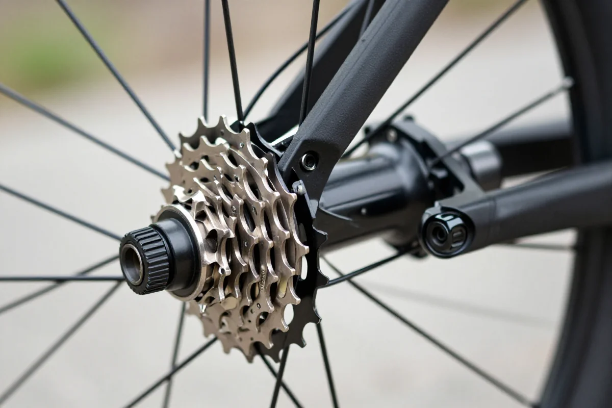 Zbliżenie na wolnobieg w rowerze, detale mechanizmu i piasty.