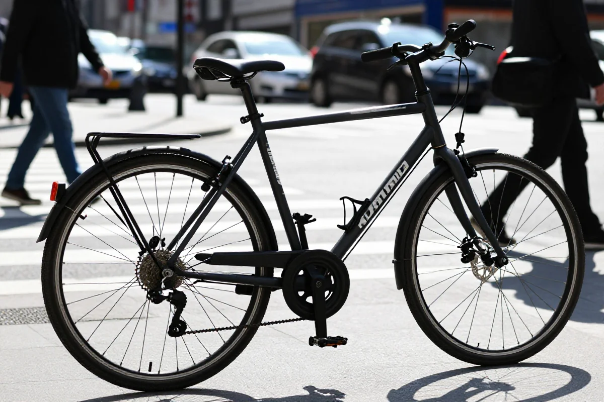 Rower miejski na skrzyżowaniu, ukazujący detale i miejskie otoczenie.