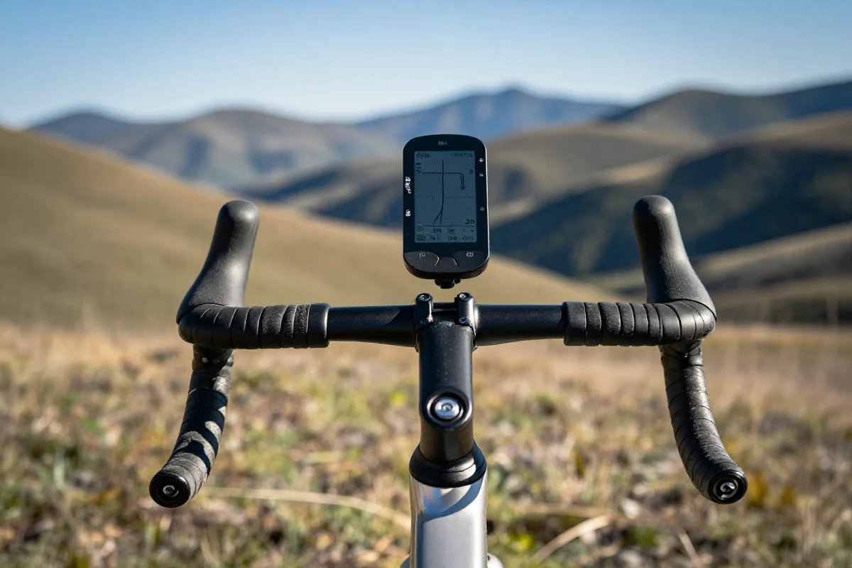 Ekran komputera rowerowego z profilem wysokościowym na tle górskiego krajobrazu.