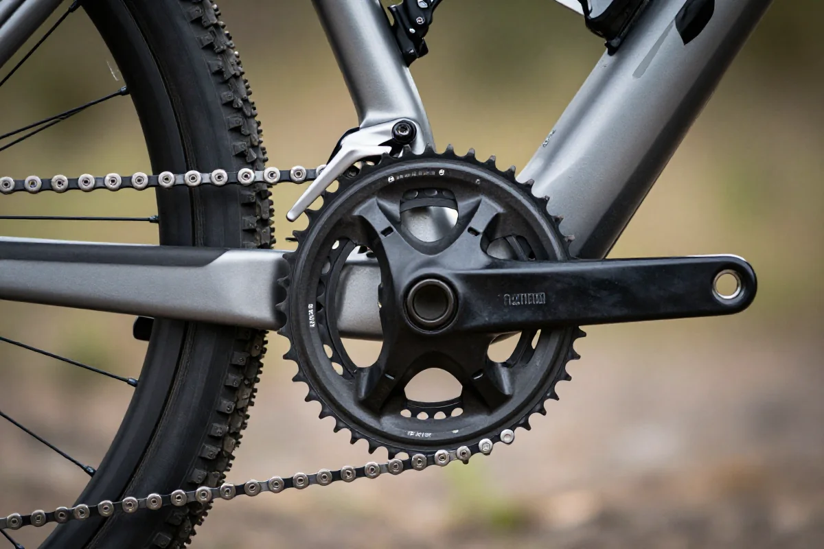 Szczegóły układu napędowego roweru górskiego z 1x12 i 32T zębatką.