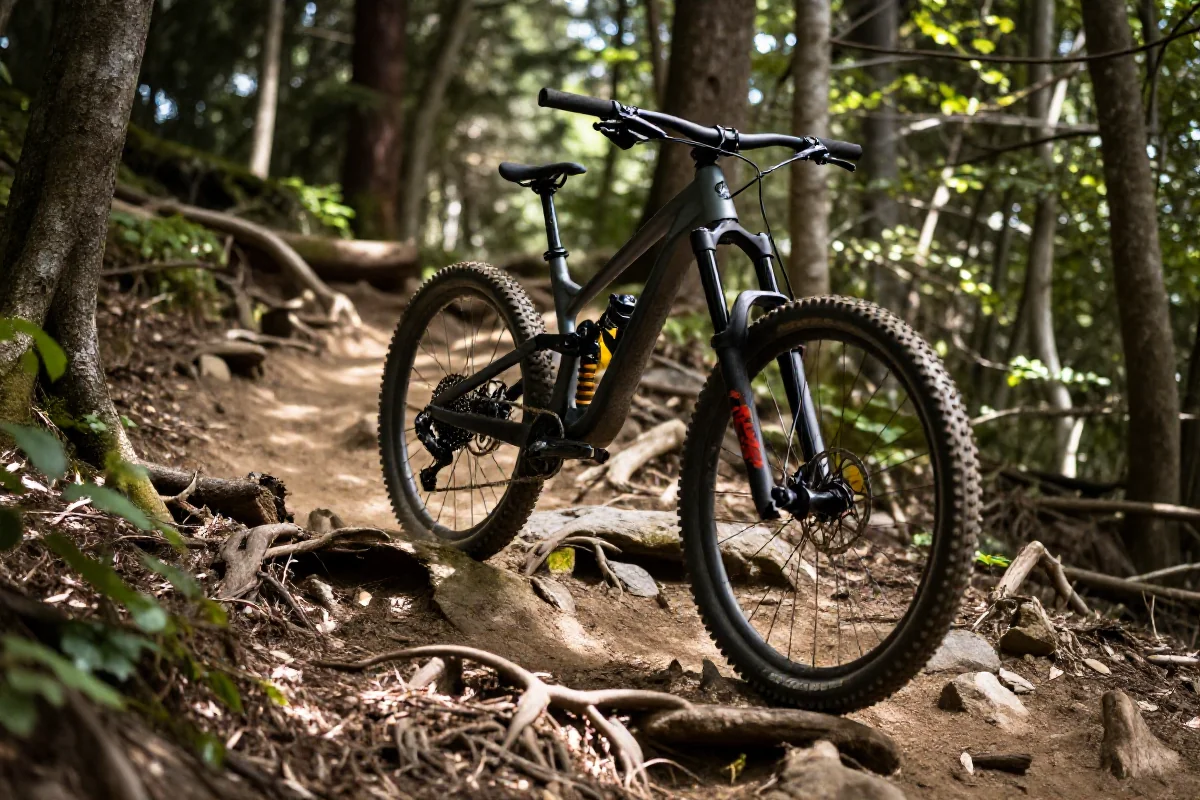 Rower górski na trudnym szlaku w lesie, technika jazdy MTB