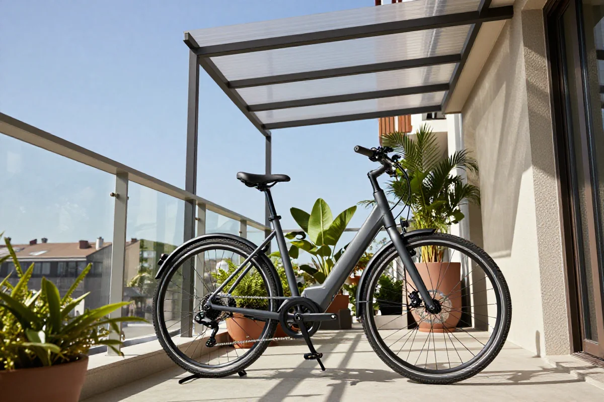 Rower elektryczny pod daszkiem balkonowym chroniącym przed deszczem i słońcem.