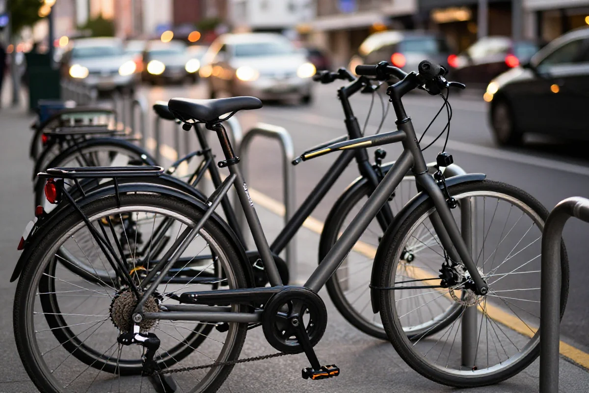 Rower miejski na stojaku w ruchliwej ulicy podczas złotej godziny.