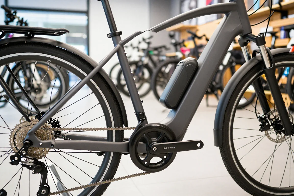 Szczegóły elektrycznego roweru w sklepie rowerowym, z naciskiem na komponenty.