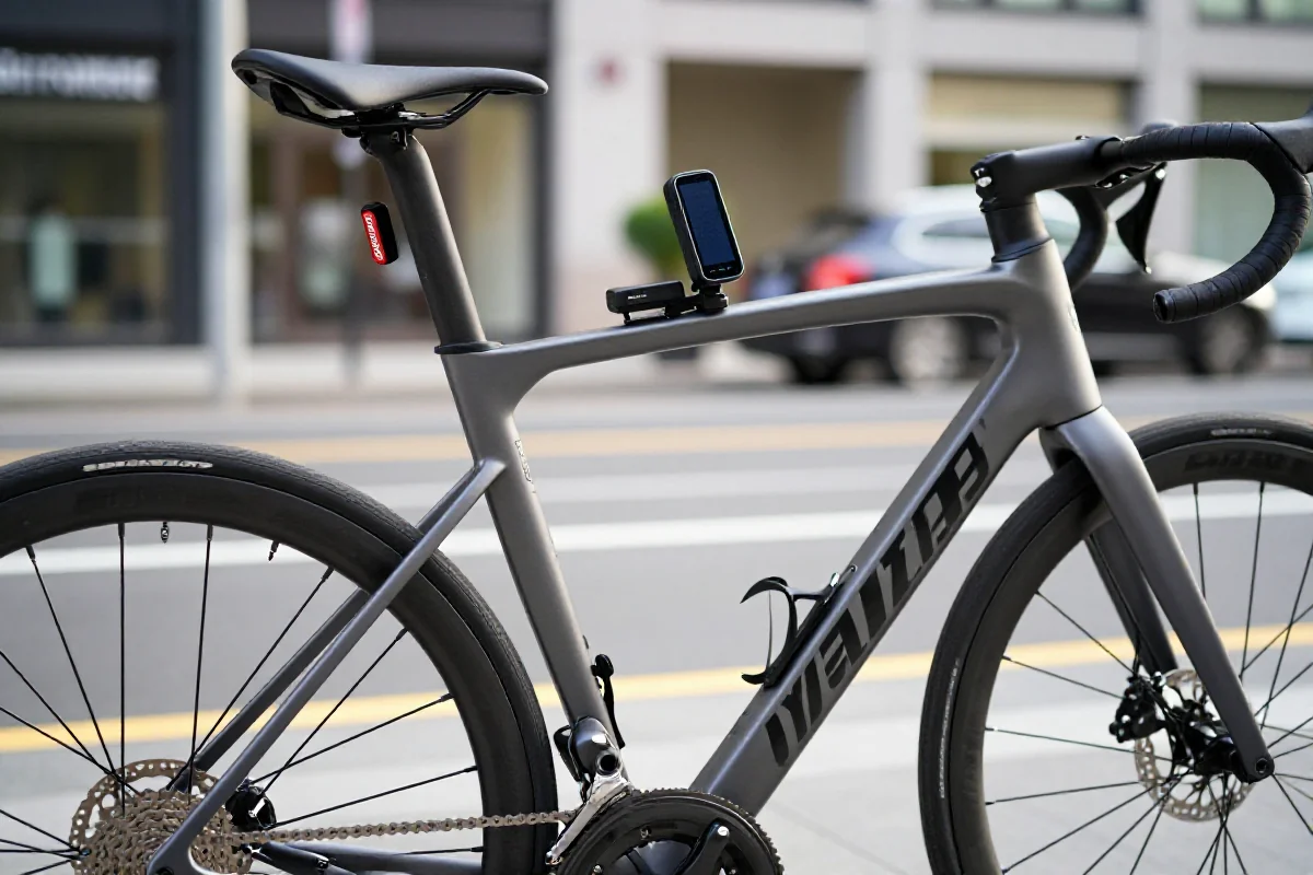 Nowoczesny rower miejski z dedykowanym GPS w miejskim otoczeniu